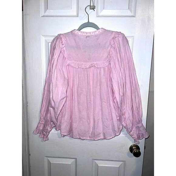 CROWN & IVY Soft Pink Long Sleeve Ruffle Embroidered Neckline Boho Blouse - Picture 7 of 11